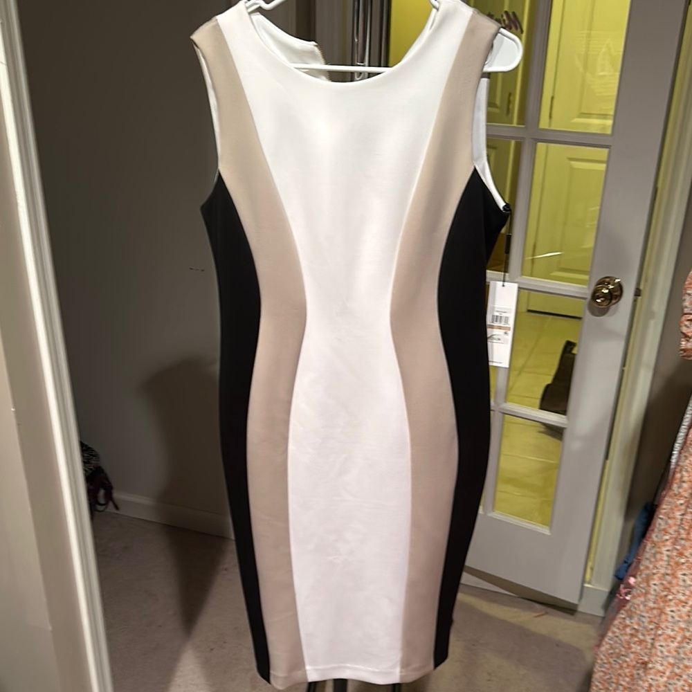 Calvin Klein White and Black Bodycon Midi Dress for Cocktail